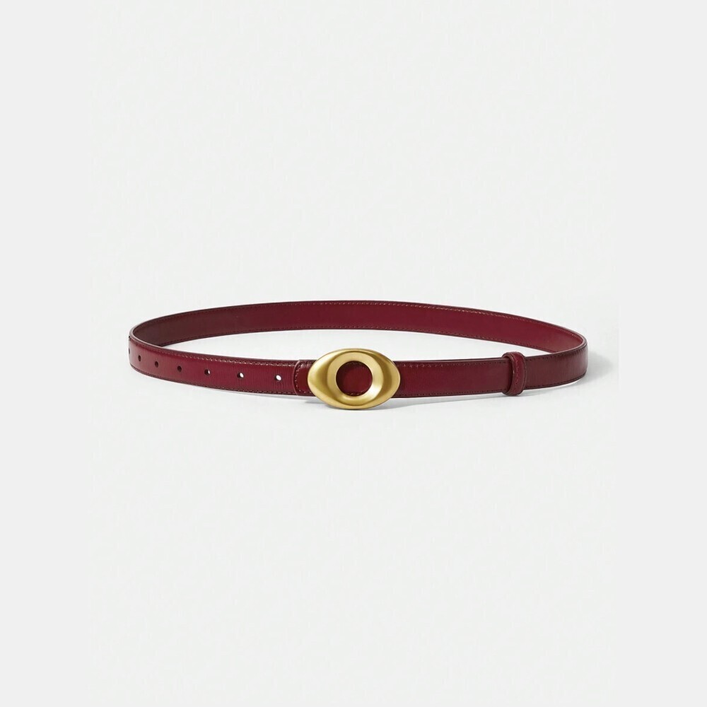 Burgundy Skinny Vegan Patent Leather Belt with Oval Gold Buckle